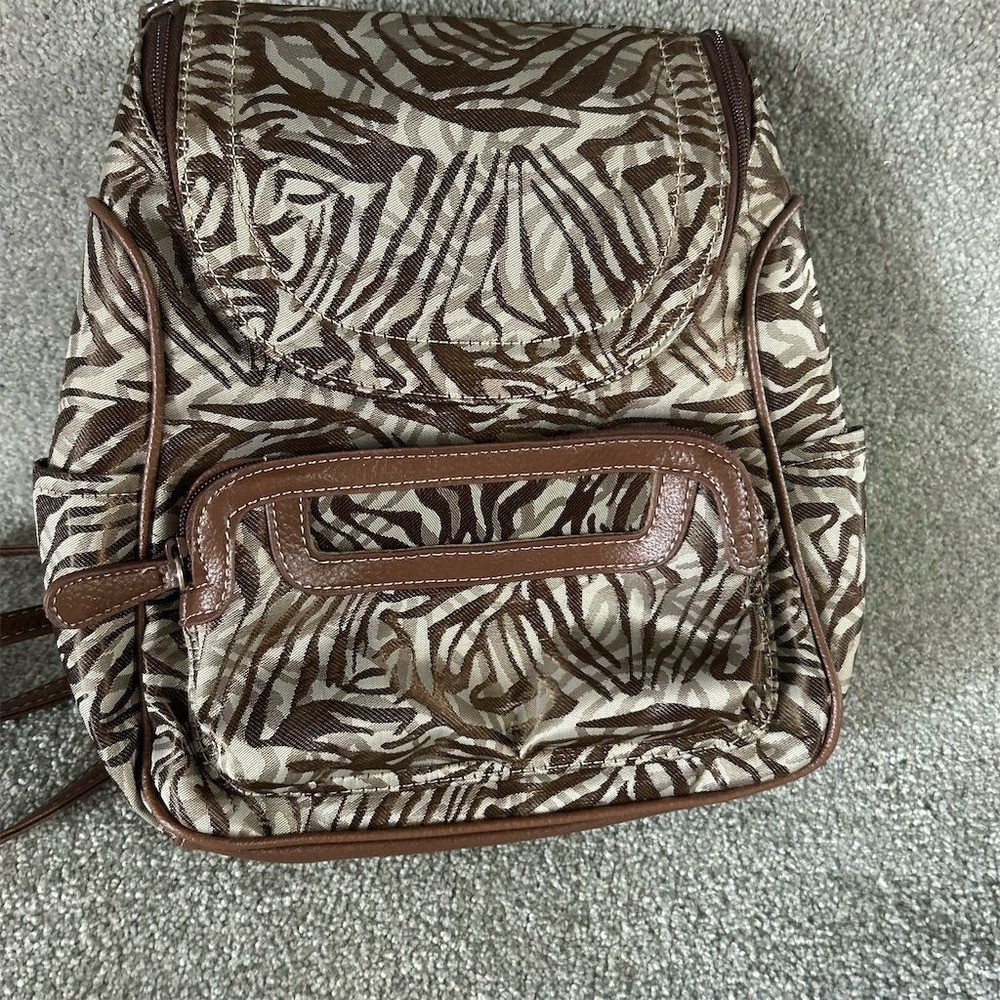 MultiSac Backpack Purse Womens Brown Tan Zebra Print Animal Pattern Faux Leather